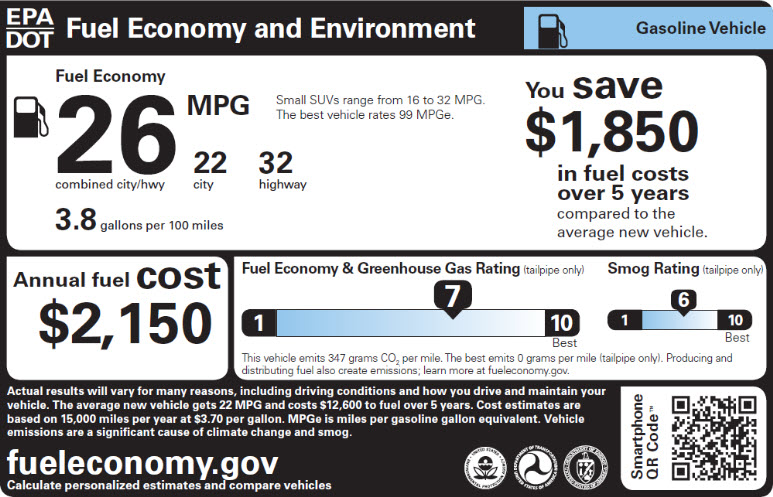 Sample gasoline vehicle fuel economy label