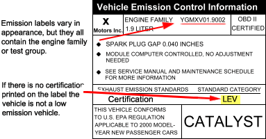 Emission labels vary in appearance, but they all contain the engine family or test group.  If there is no certification printed on the label the vehicle is not a low emission vehicle.