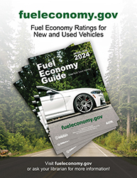 2023  Fuel Economy Guide Poster for Libraries Version 2: Photo of guides. Text reads as follows:  Fueleconomy.gov: Fuel Economy Ratings for New and Used Vehicles. Visit www.fueleconomy.gov or ask your librarian for more information.